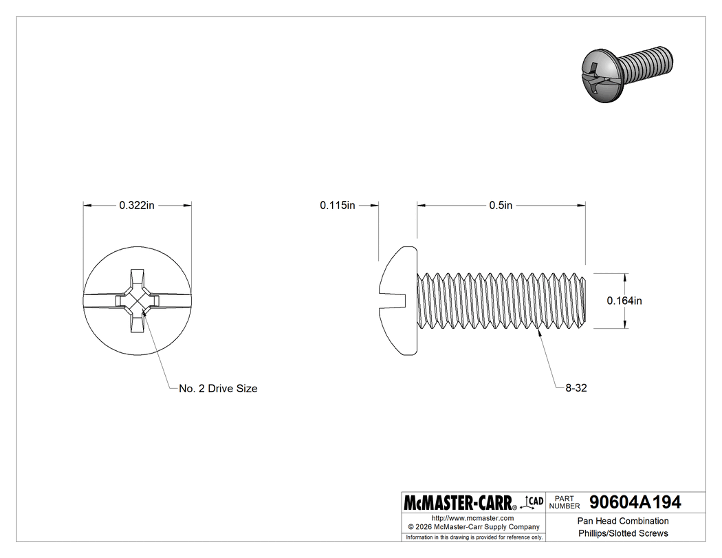 Technical Drawing of Pan Head Combination Phillips/Slotted Screws, 18-8 Stainless Steel, 8-32 Thread Size, 1/2" Long.